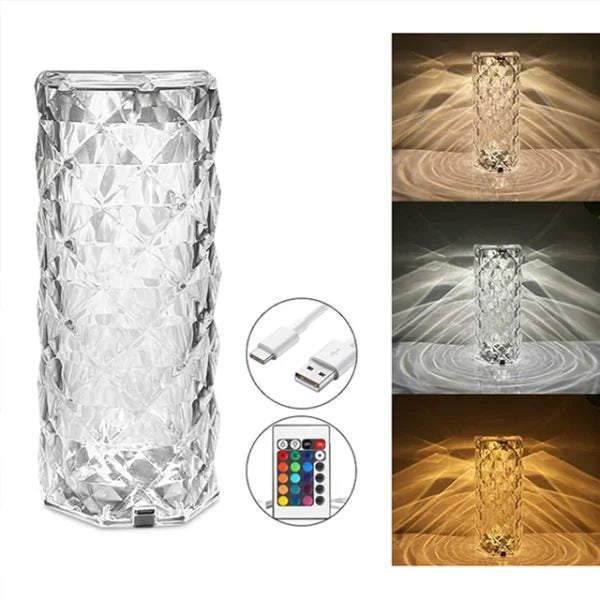 16 Colors Diamond Rose Crystal Touch Lamp Bedside Acrylic USB Rechargeable Table Lamp – With Remote