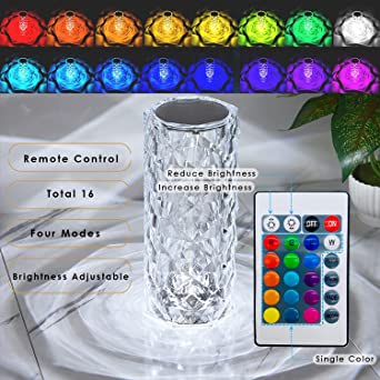 16 Colors Diamond Rose Crystal Touch Lamp Bedside Acrylic USB Rechargeable Table Lamp – With Remote