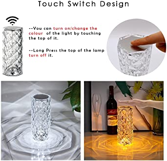 16 Colors Diamond Rose Crystal Touch Lamp Bedside Acrylic USB Rechargeable Table Lamp – With Remote