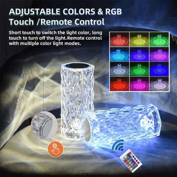 16 Colors Diamond Rose Crystal Touch Lamp Bedside Acrylic USB Rechargeable Table Lamp – With Remote