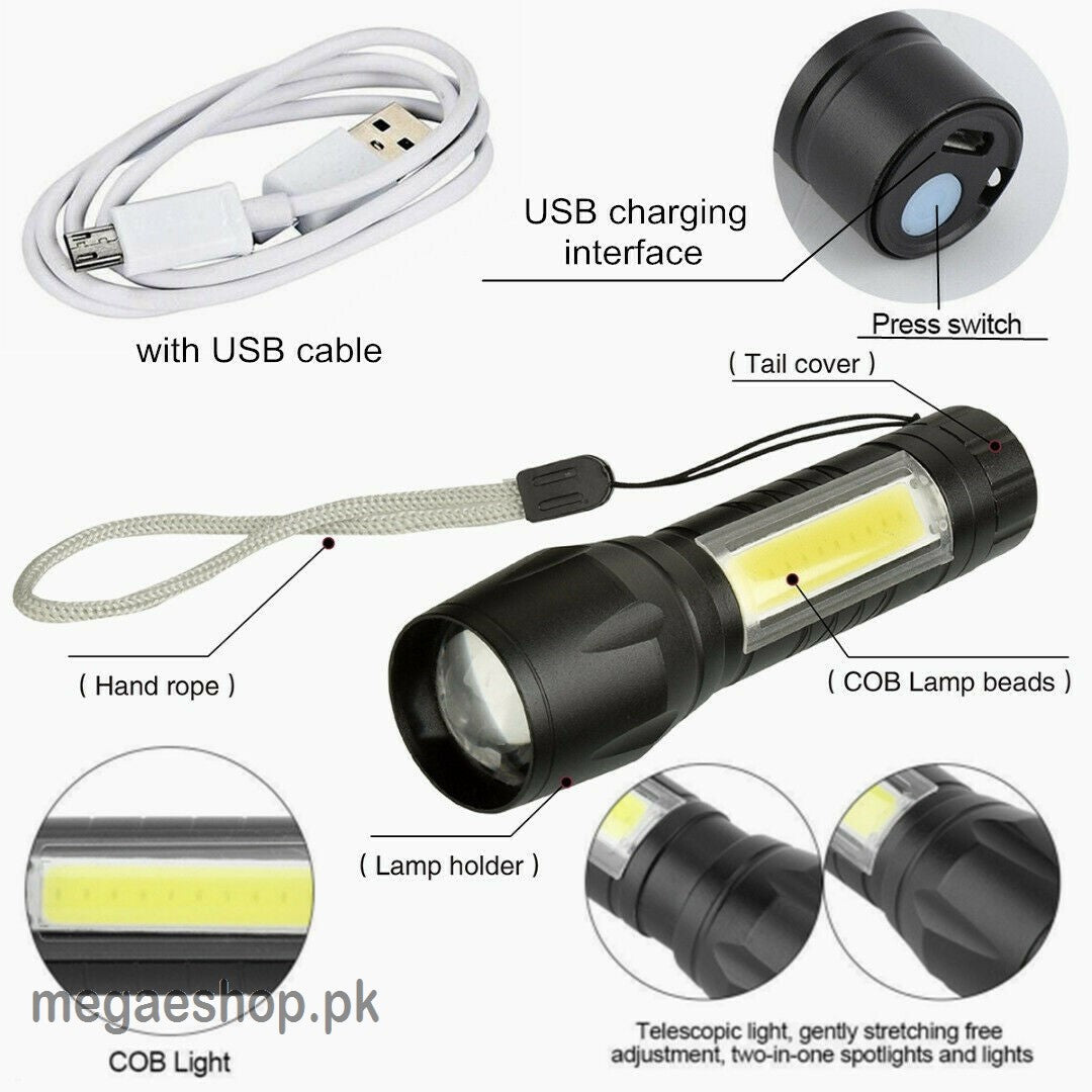 USB Charging Xpe+cob LED Flashlight Lamp Torch With Clip Three Mode Zoomable LED Flash Light Torch Tail Clip And Cable