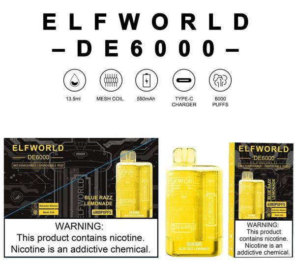 Elfworld De6000 Disposable Vape Pod Device – 6000 Puffs – 13.5ml E-liquid – 5% Nicotine – Rechargeable 650mah Via Usb-c | Disposable Vape For Smokers | Disposable Pod For Smoking ( Random Flavor )(without Display)