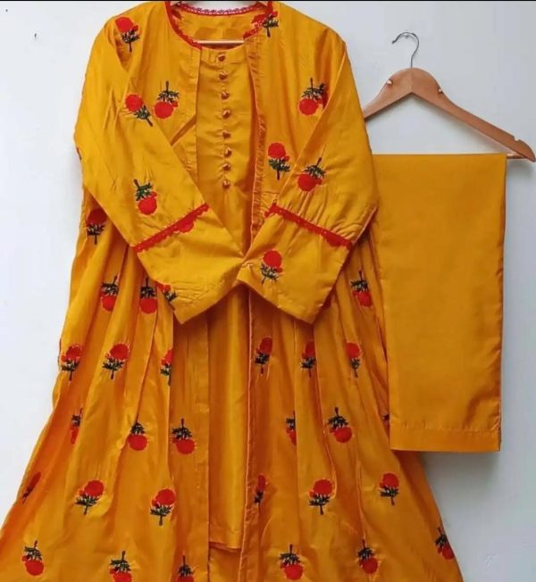 Readymade 3pc Embroidered Gown Kataan Silk Dress Gown Style For Girls