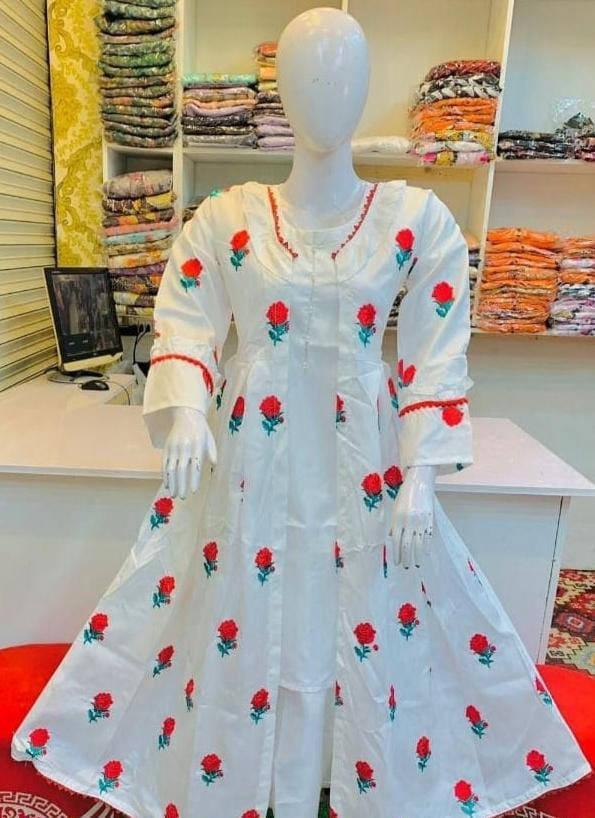 Readymade 3pc Embroidered Gown Kataan Silk Dress Gown Style For Girls