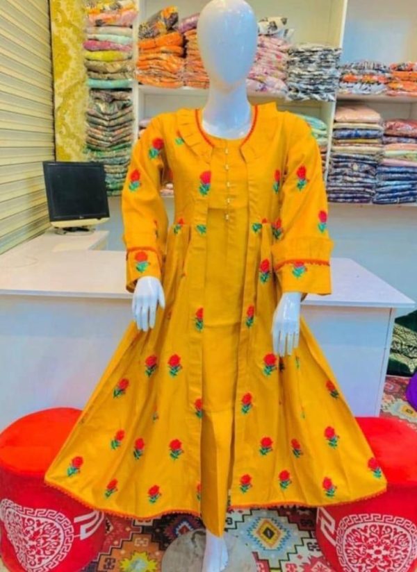 Readymade 3pc Embroidered Gown Kataan Silk Dress Gown Style For Girls